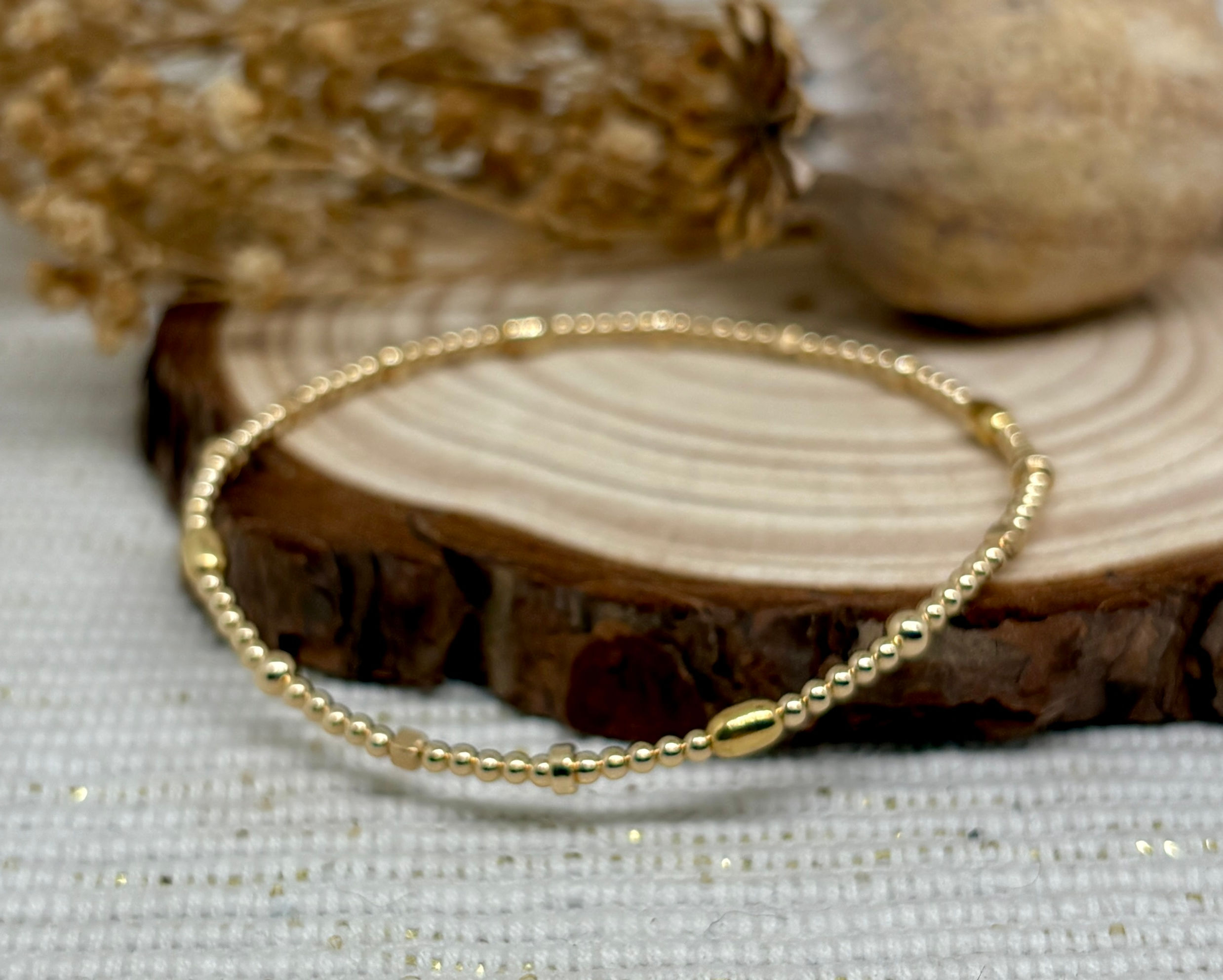 "Eliza" Round, Cube & Oval Bead Stretch Bracelet - 12k Gold Filled
