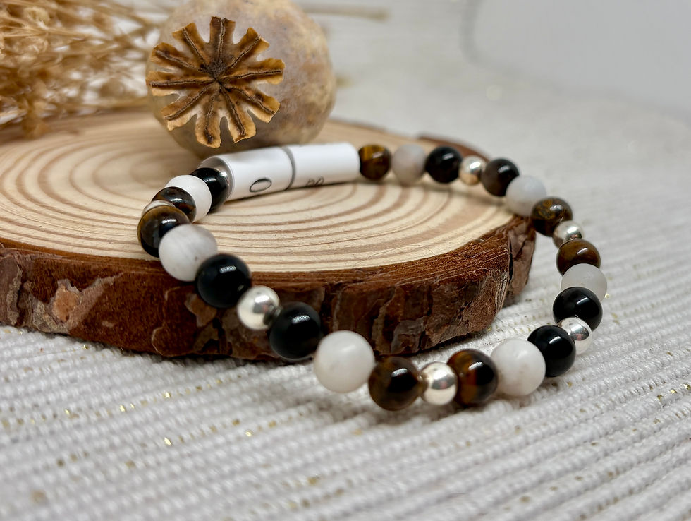 Thumbnail: Tiger's Eye, Obsidian & Stone Bead Bracelet - 925 Sterling Silver