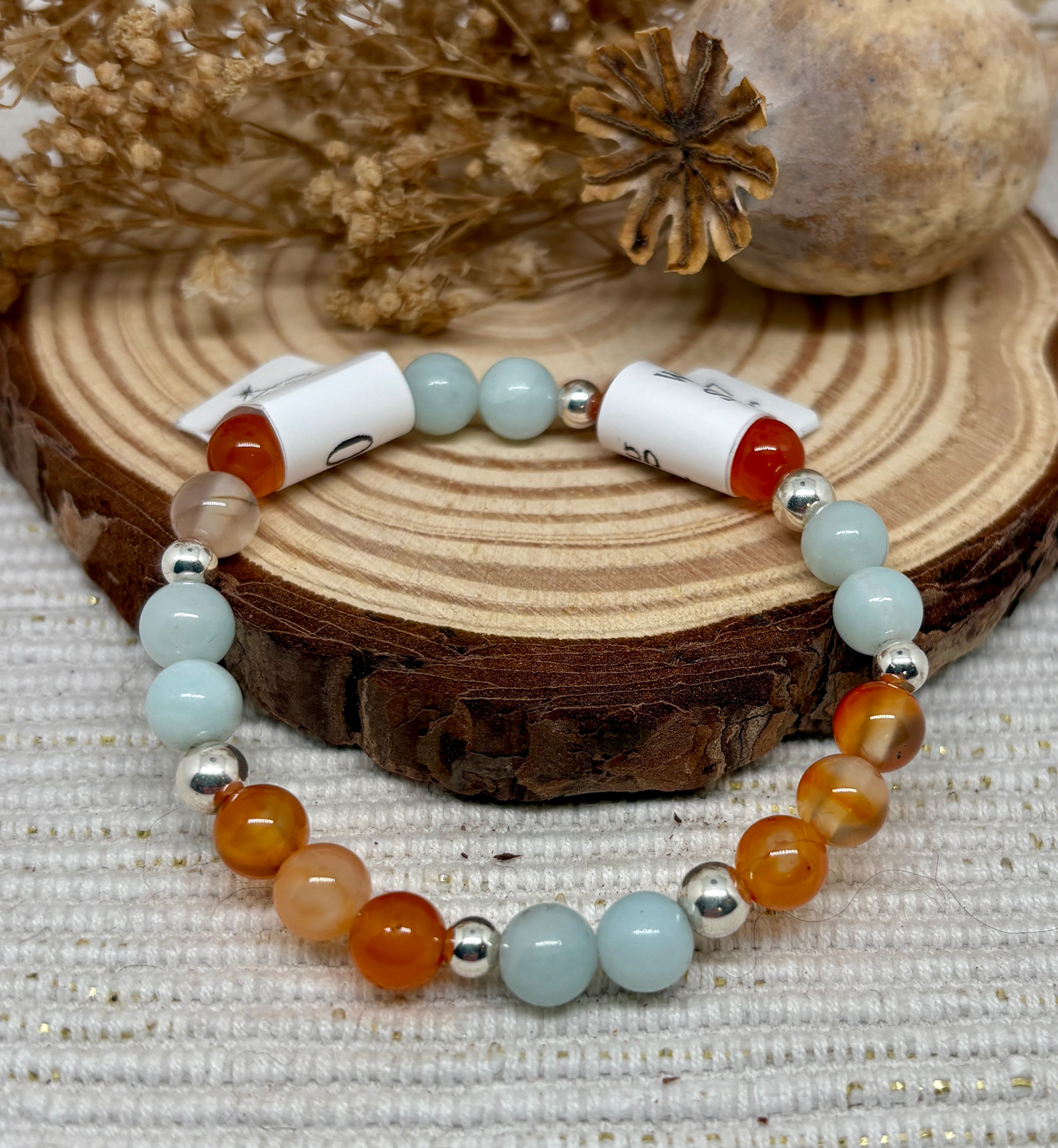 Carnelian & Amazonite Round Bead Stretch Bracelet - 925 Sterling Silver