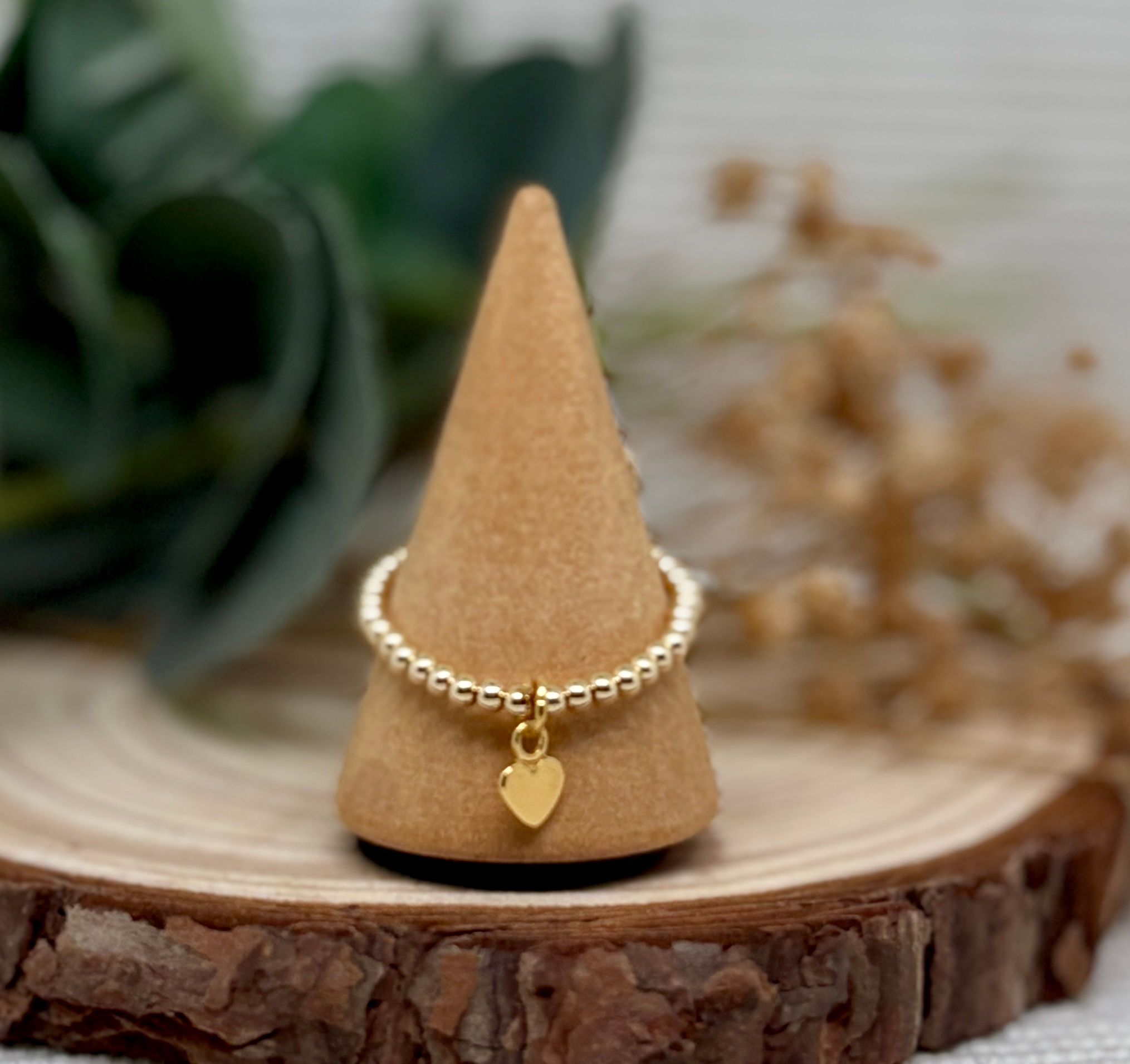 "Ayla" Round Bead, Heart Charm Ring - 12k Gold Filled