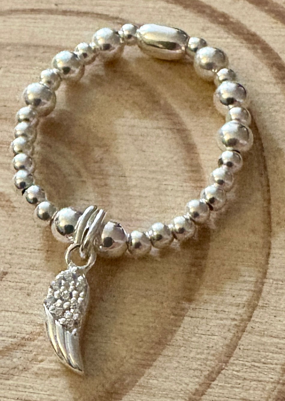 "Eulalie" Round Bead, CZ Angel Wing Charm Ring - 925 Sterling Silver