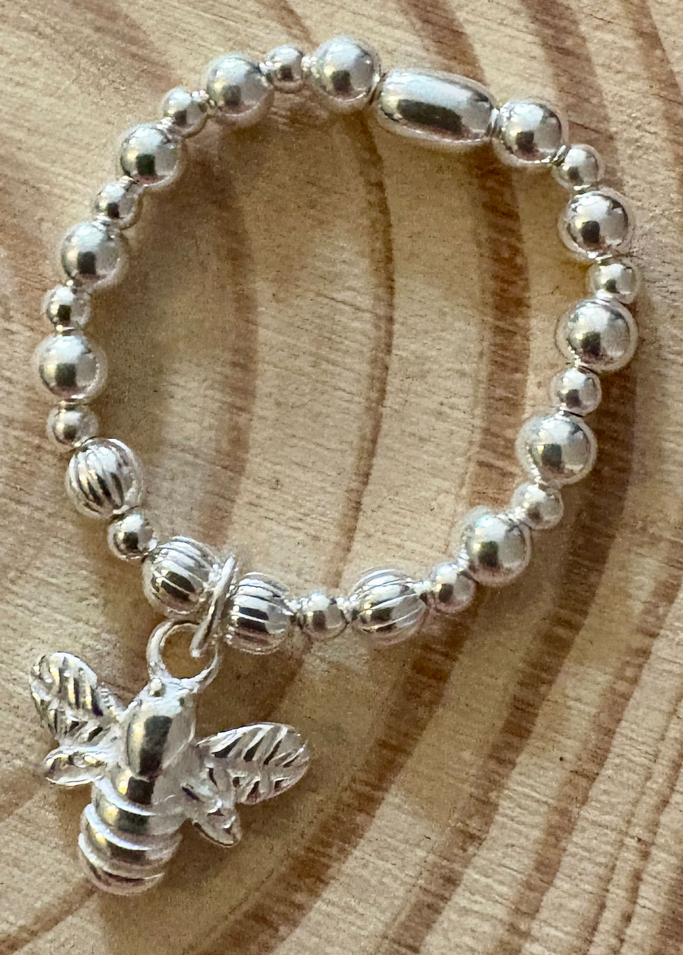 Thumbnail: "Florrie" Round Bead & Bee Charm Ring - 925 Sterling Silver