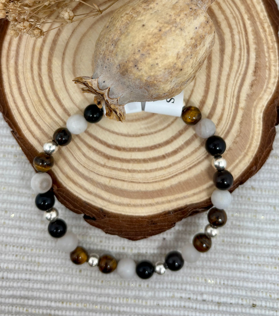 Thumbnail: Tiger's Eye, Obsidian & Stone Bead Bracelet - 925 Sterling Silver