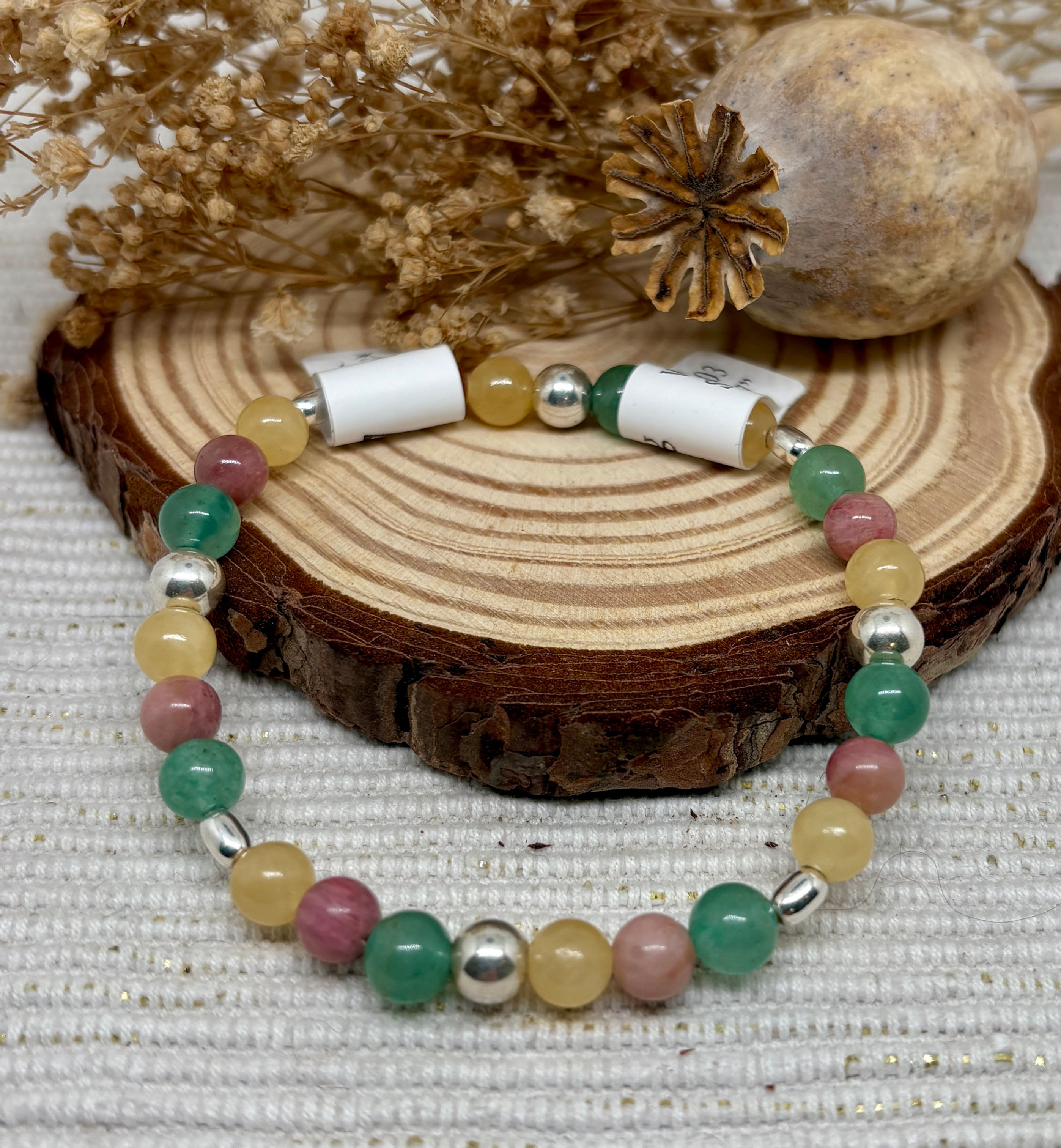 Aragonite, Rhodonite & Aventurine Bead Bracelet - 925 Sterling Silver