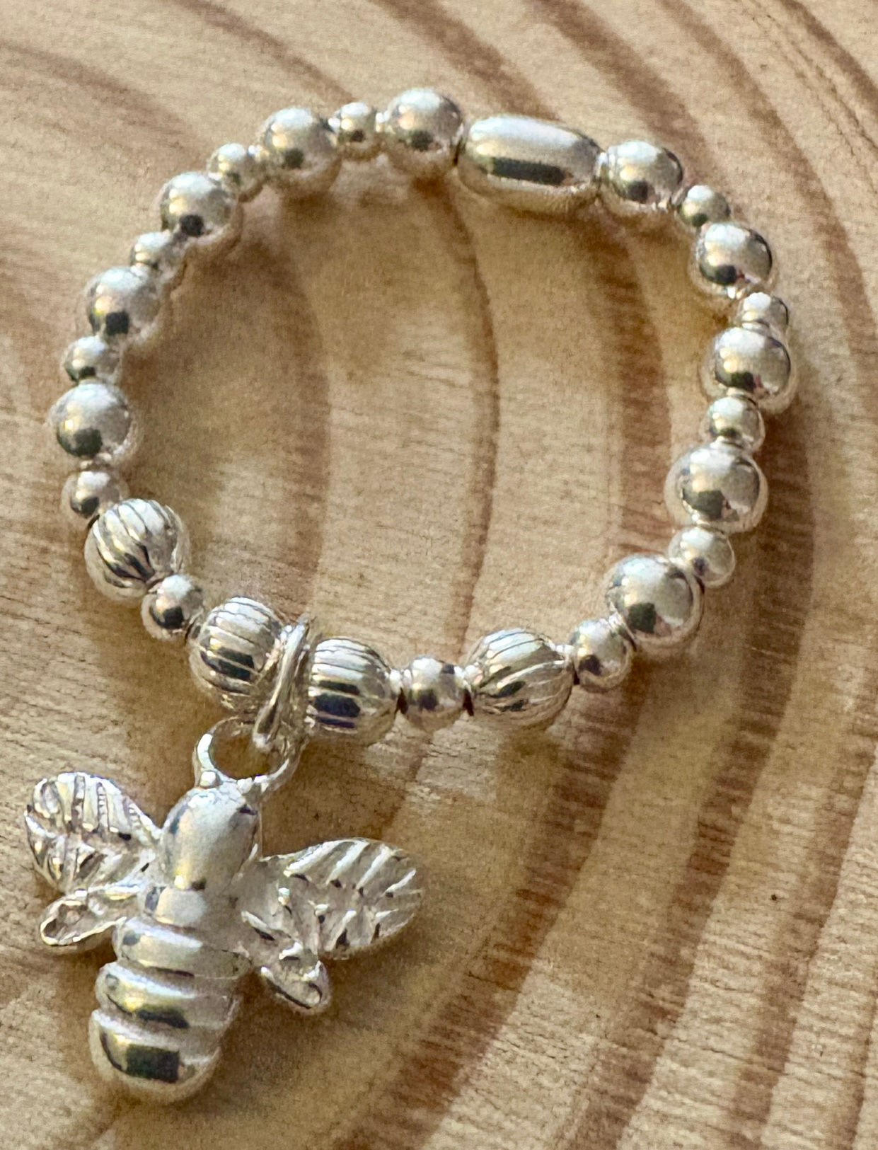 "Florrie" Round Bead & Bee Charm Ring - 925 Sterling Silver