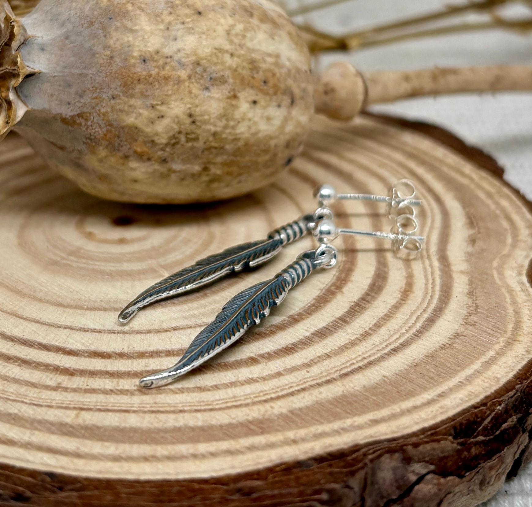 Boho Feather Ball Ring Earrings - 925 Sterling Silver