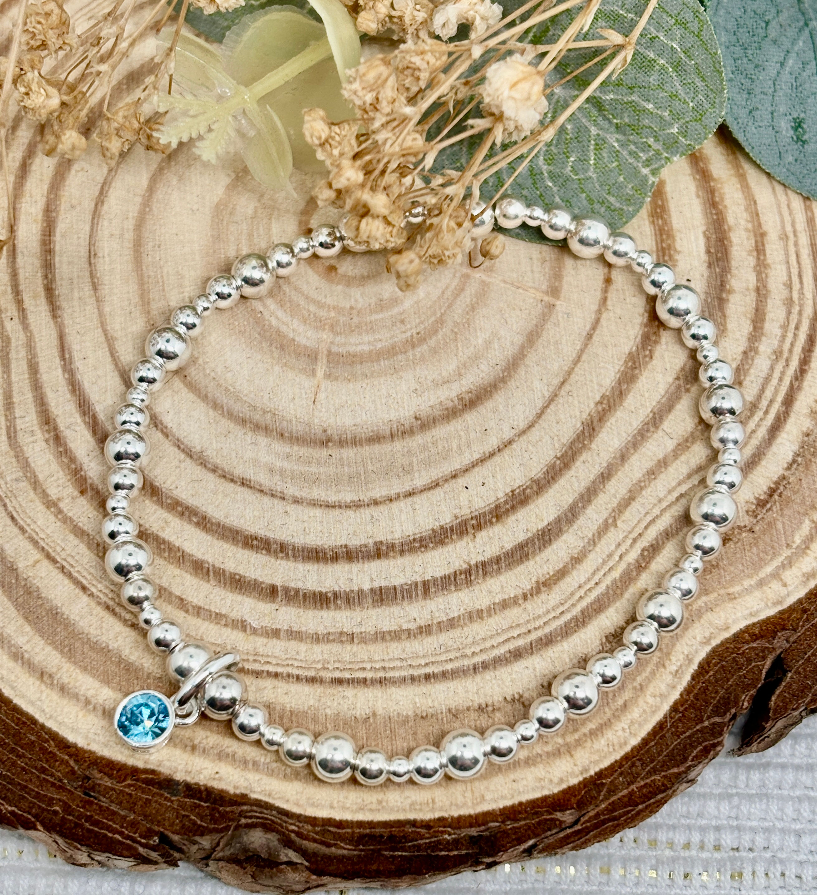 Aquamarine Bezel Charm Stretch Bracelet - 925 Sterling Silver