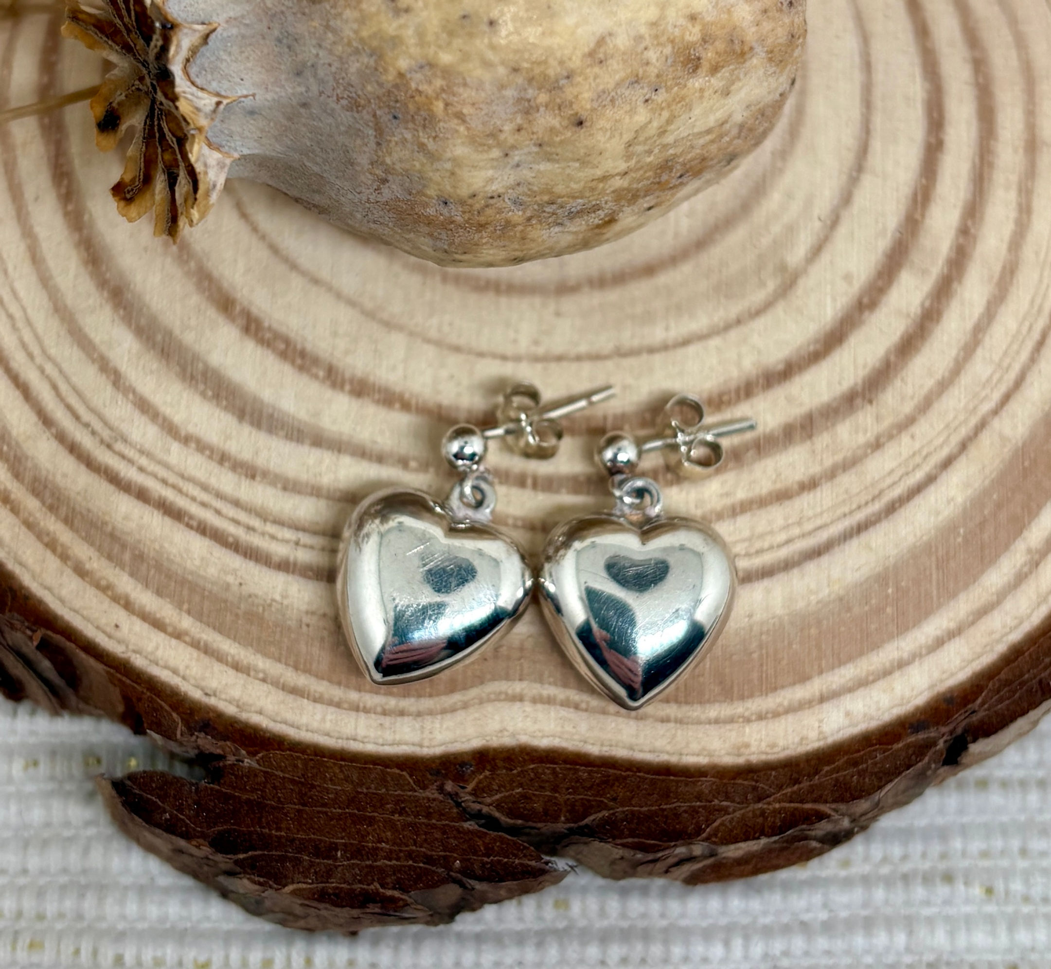 Puff Heart Charm Ball Ring Earrings - 925 Sterling Silver