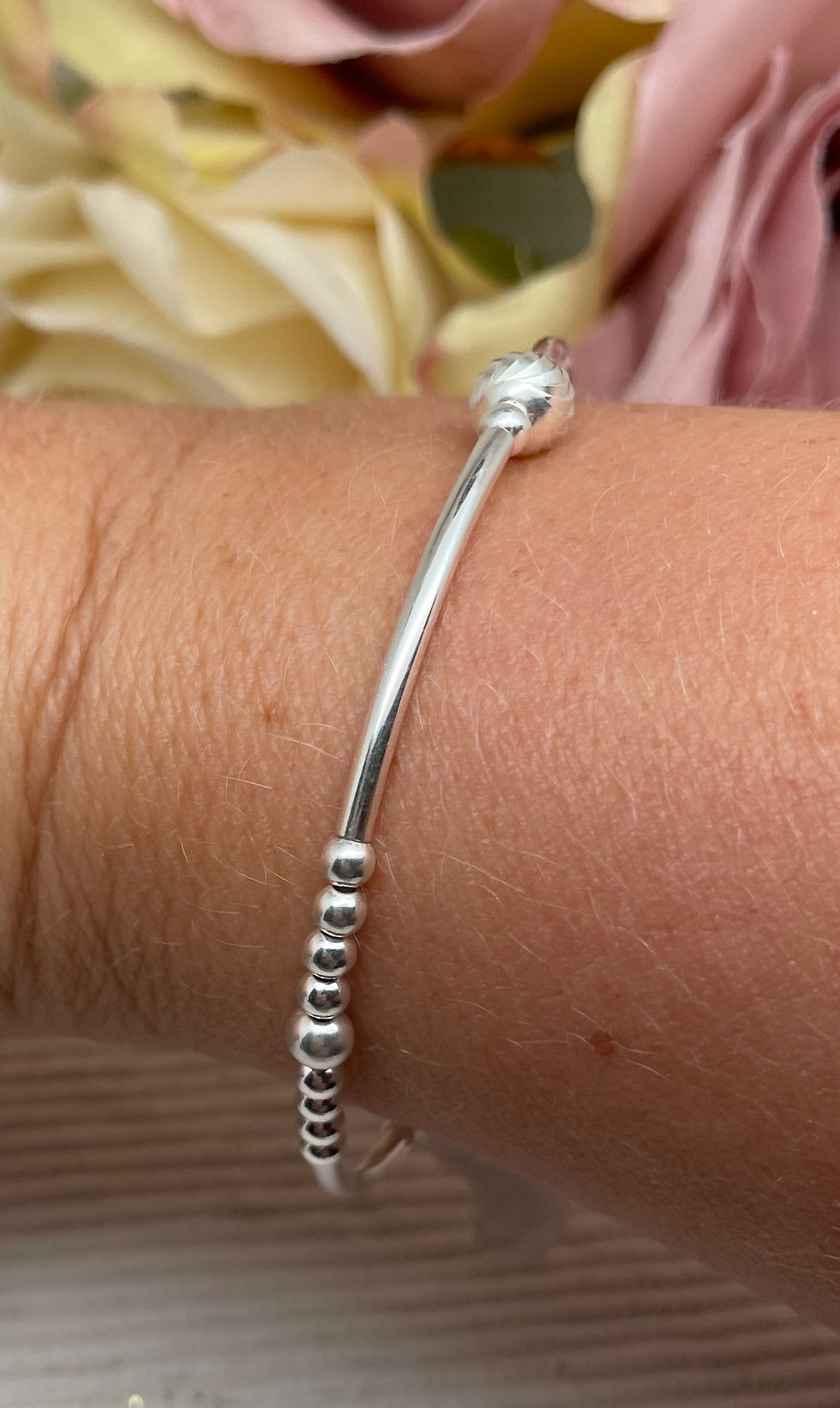 Thumbnail: "Harper" Moon Cut, Round Bead Stretch Bracelet - 925 Sterling Silver