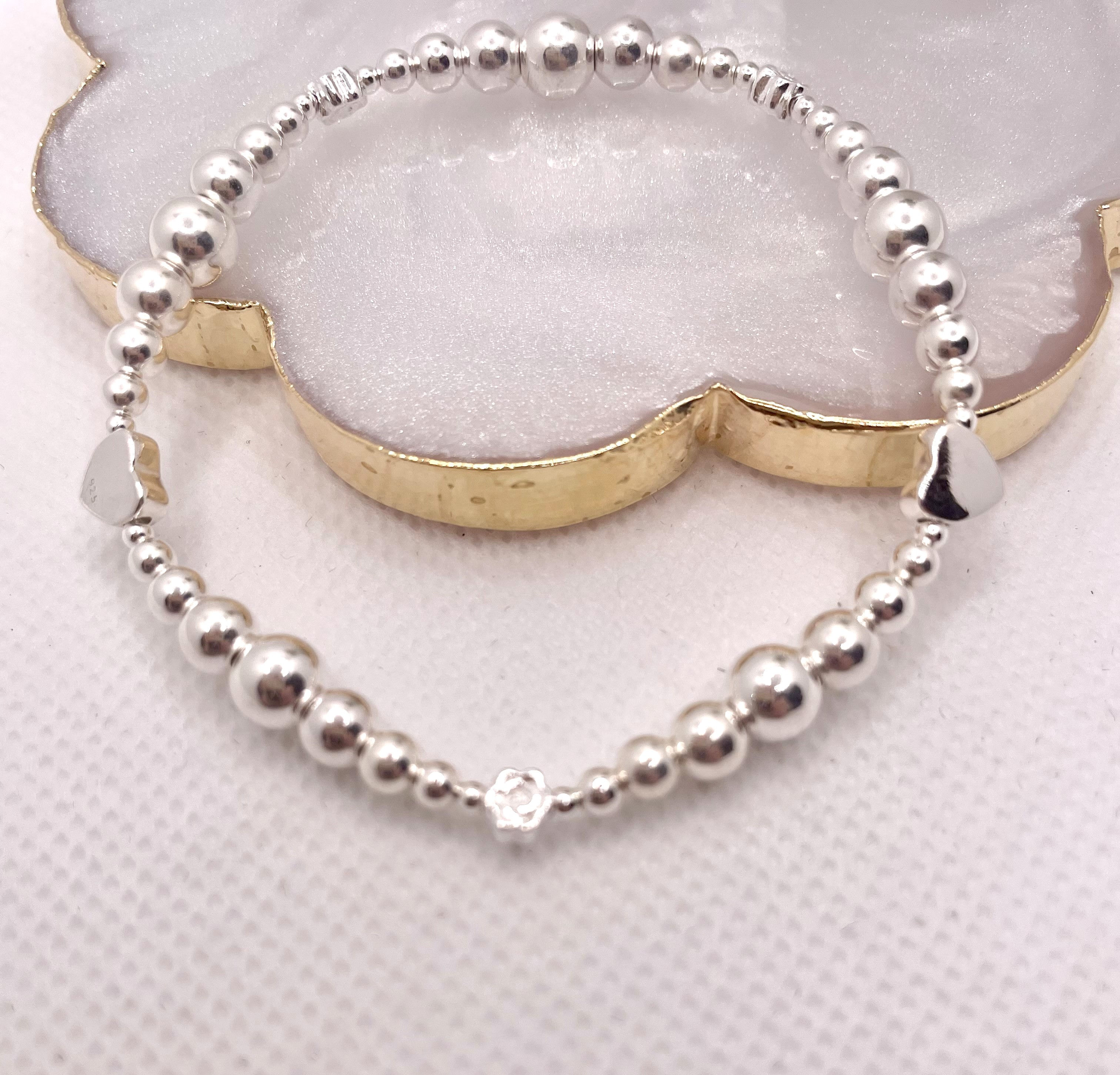 "CARRIE" Sterling Silver Round Beads & Rose & Heart Beads Stretch Bracelet