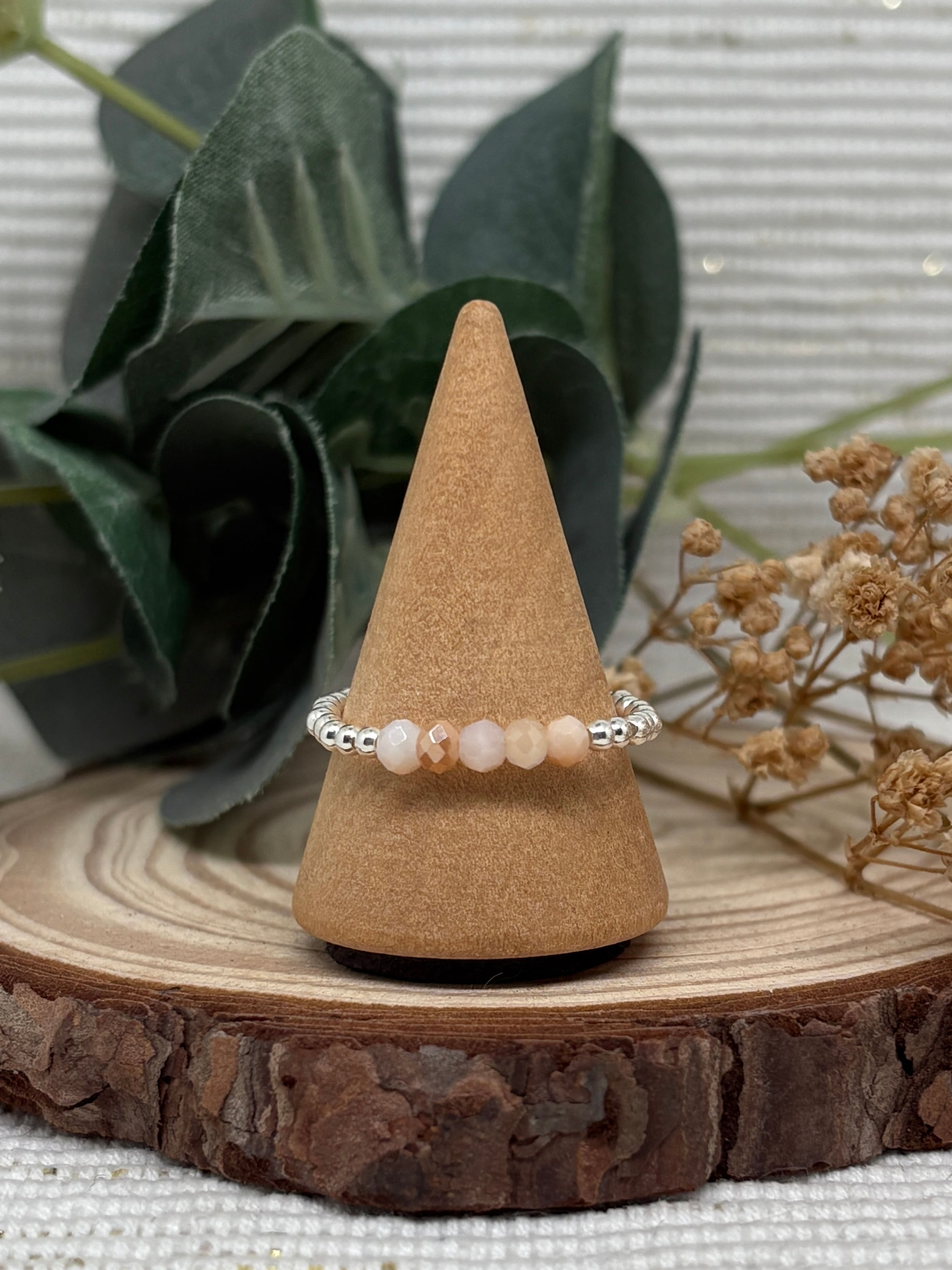 Nude Mix Faceted Glass Bead Ring - 925 Sterling Silver