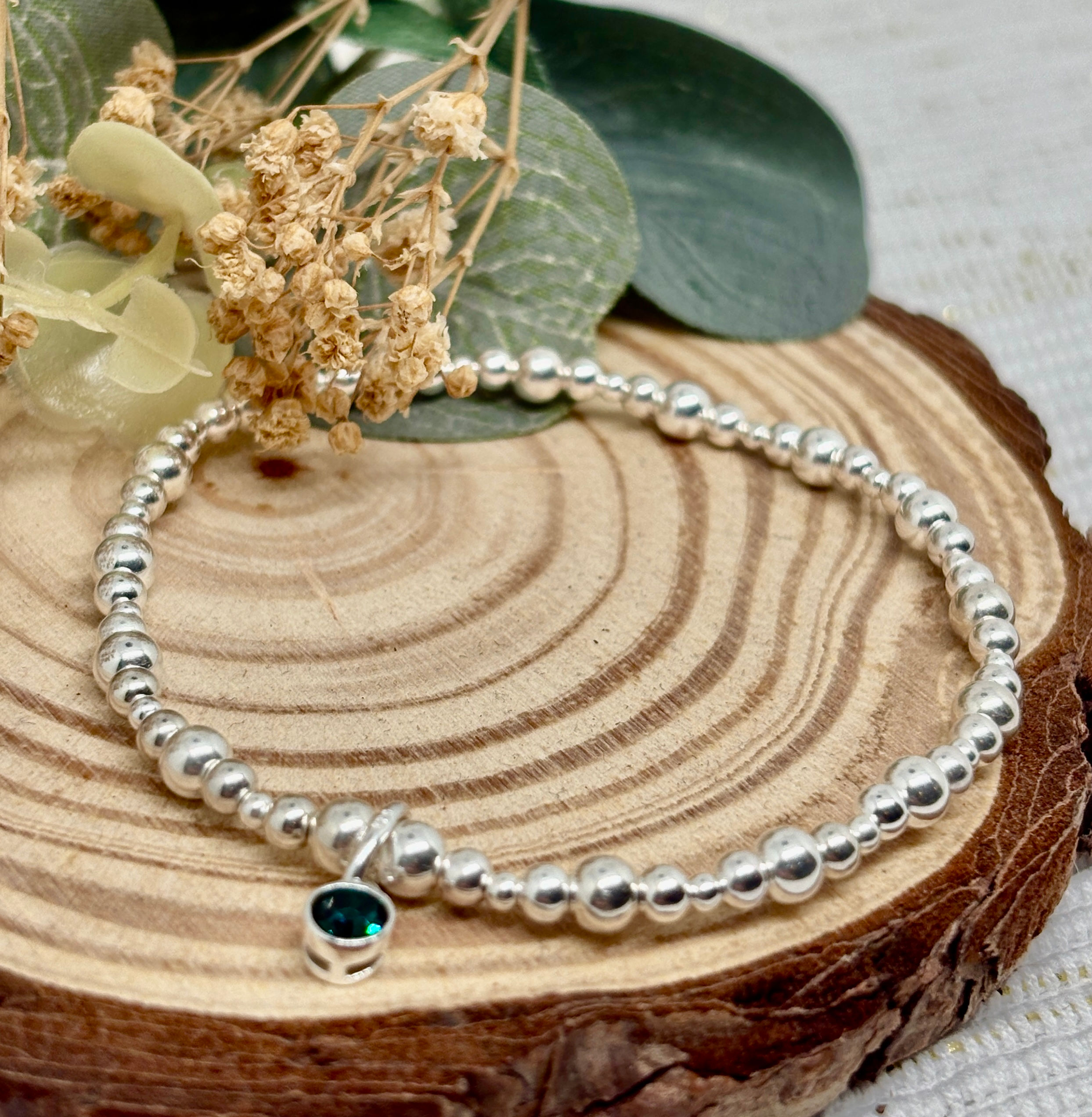 Emerald Bezel Charm Stretch Bracelet - 925 Sterling Silver