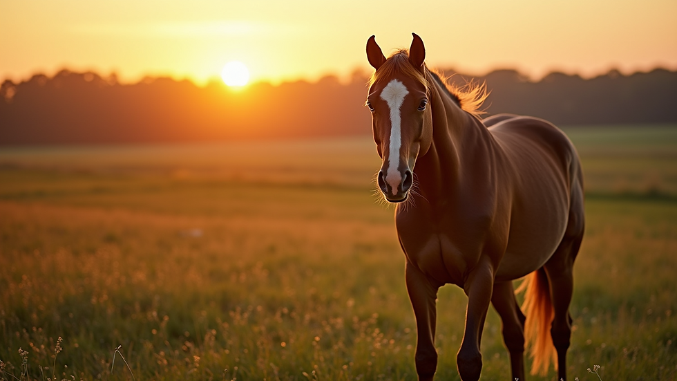 Eye-level view of a serene horse pasture with a gentle sunset