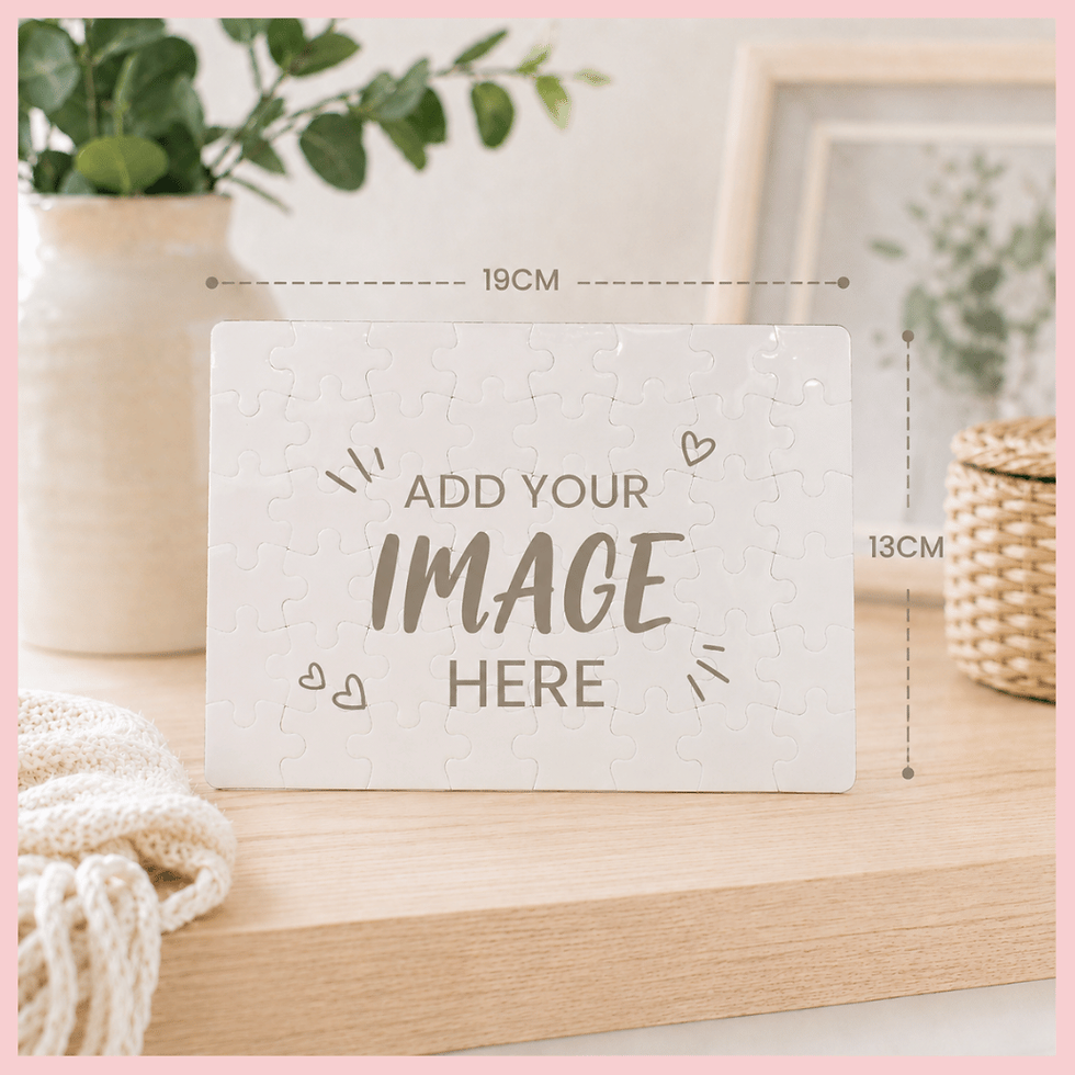 19x13cm custom image design placeholder on a desk.