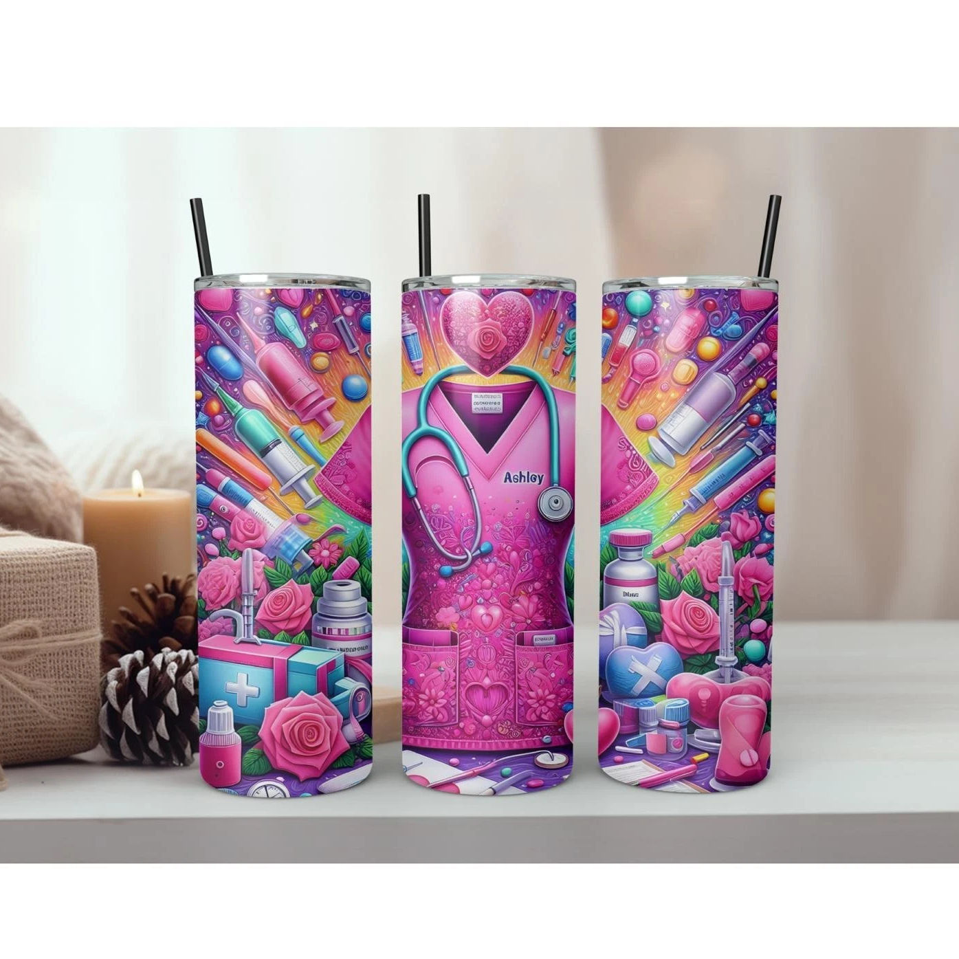 20oz nurse tumbler 8 designs with lid and straw. Name added.