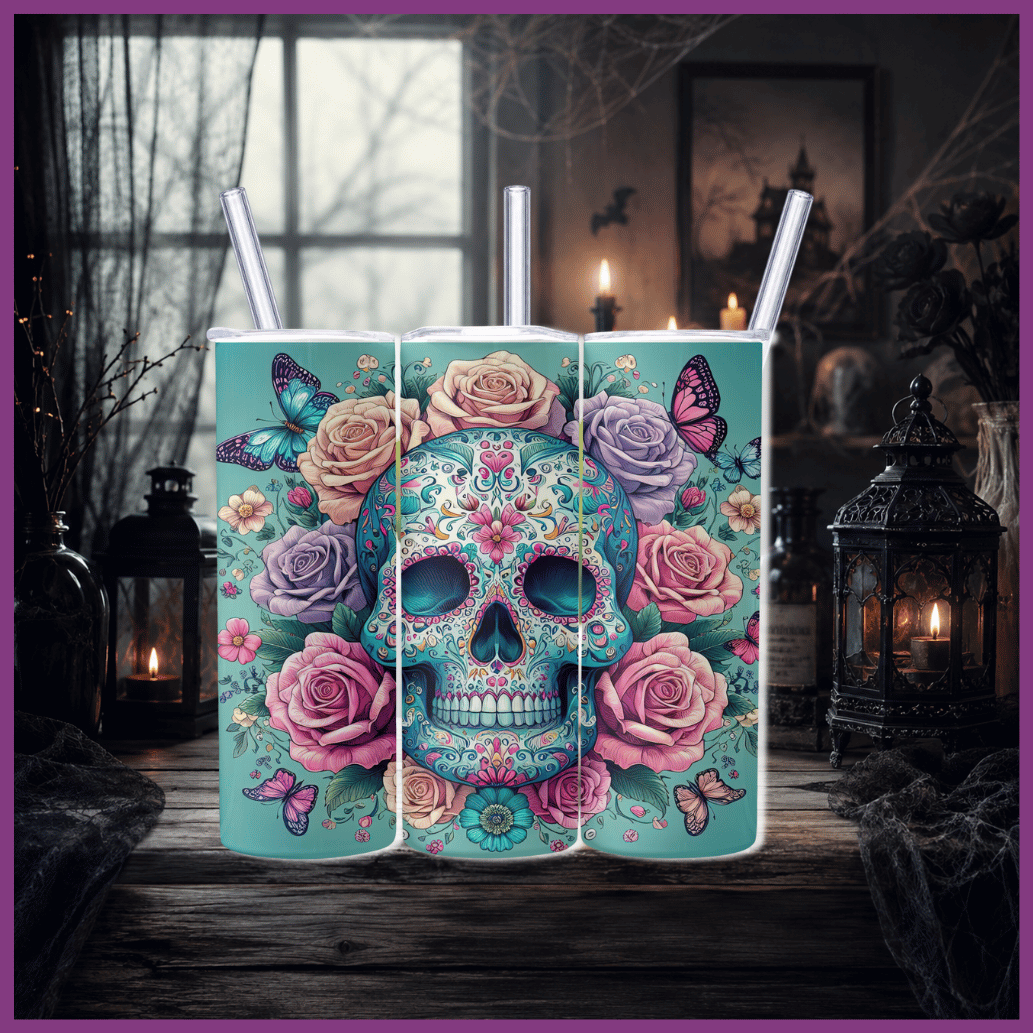 Skull themed designed 20oz tumbler colour rose skull