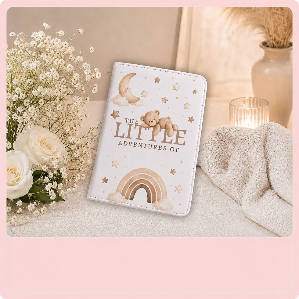 The Little Adventures book with teddy bear and rainbow