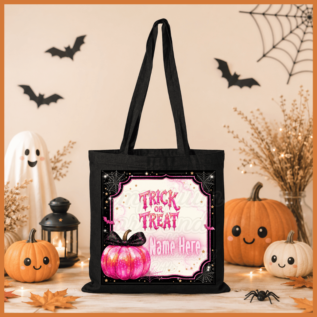 Personalised Halloween Trick or Treat Tote Bag pink glitter pumpkin design