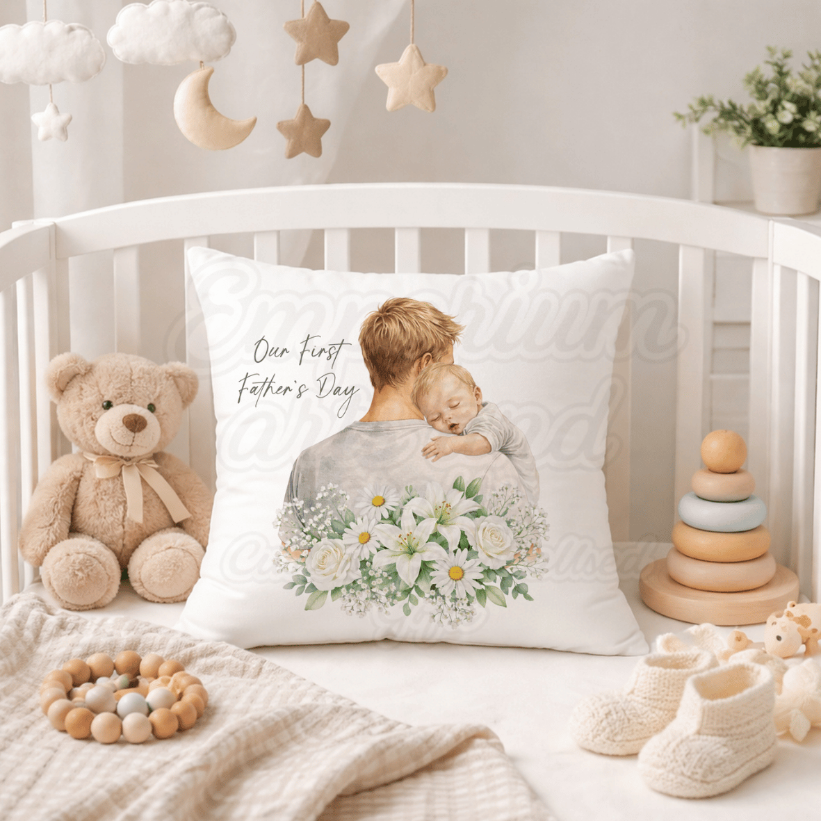 Personalised parent and baby snuggle cushion 40x40cm in a crib.