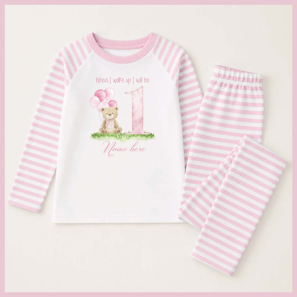 Personalised kids Pyjamas teddy design birthday blue or pink