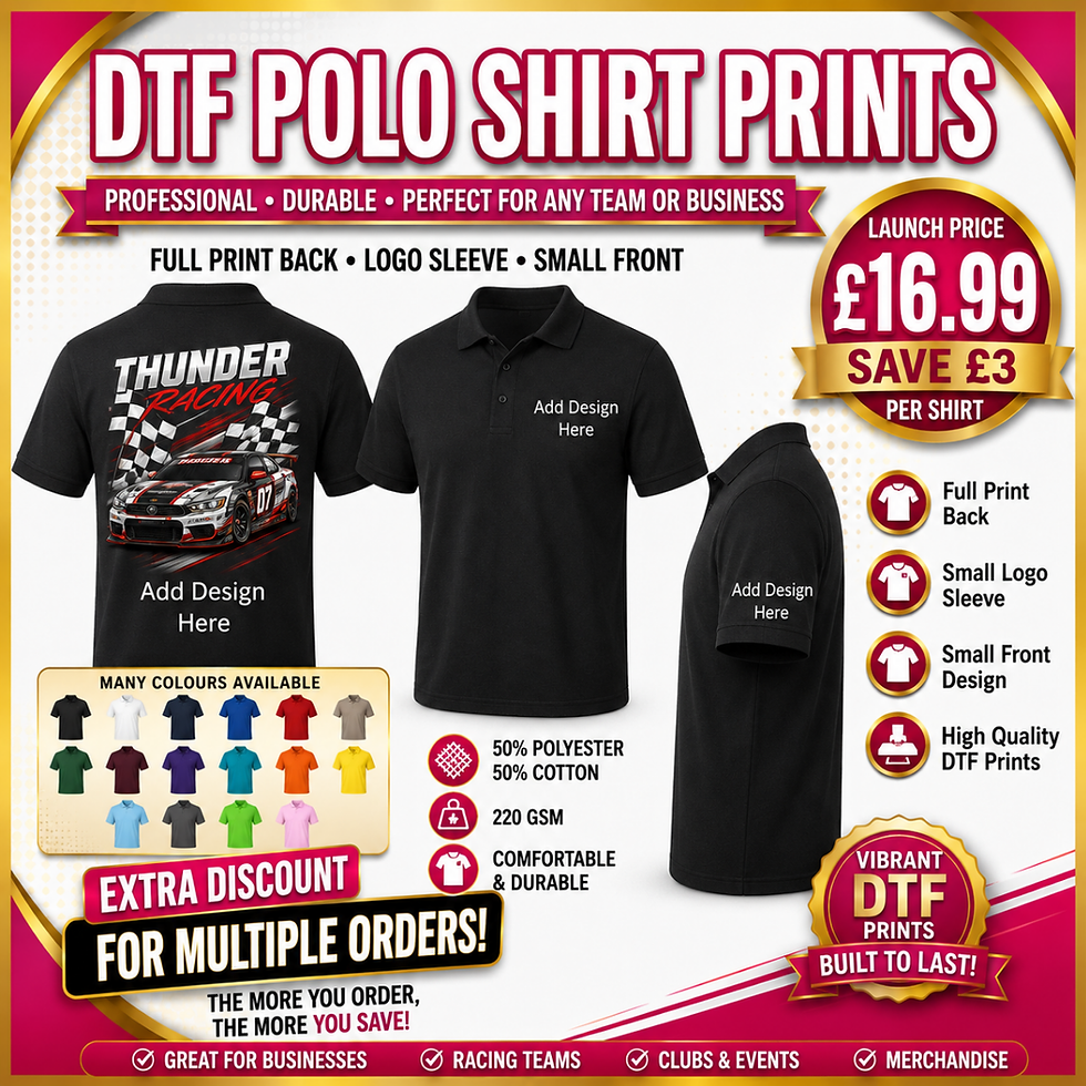 DTF polo shirt prints for business and merchandise.