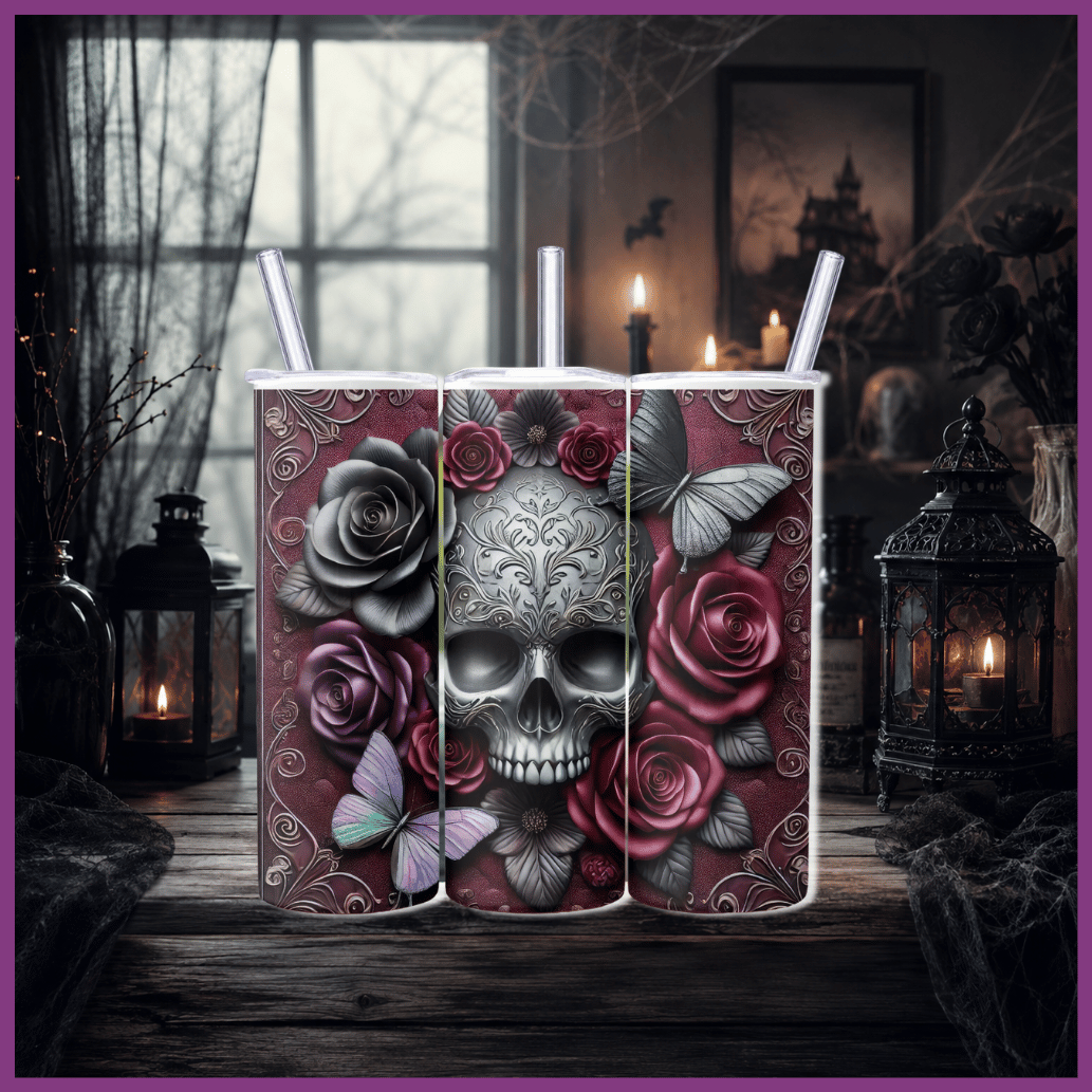 Skull themed designed 20oz tumbler rose skull