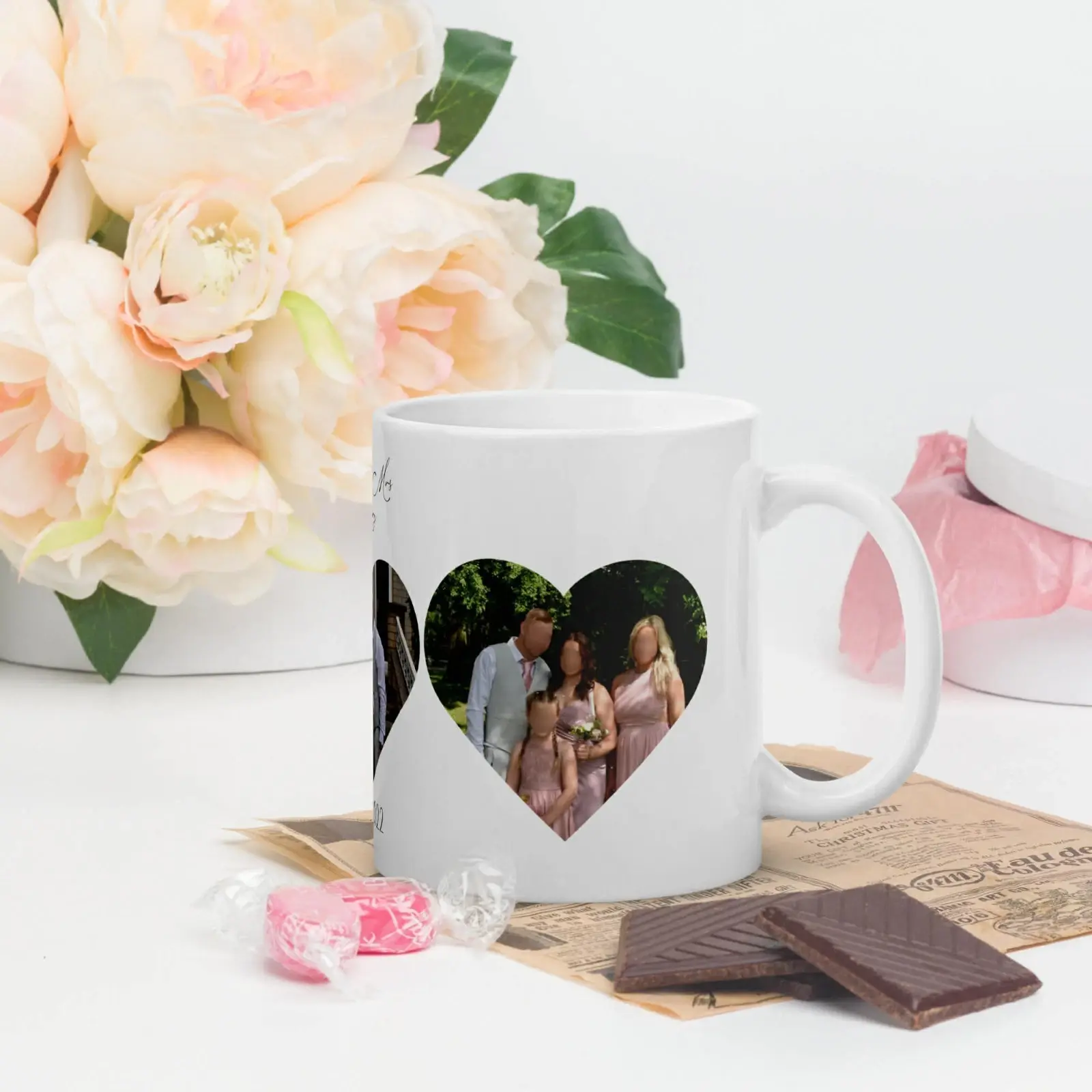 Personalised 3 Image Heart Mug 11oz Wedding Gift with name and date.