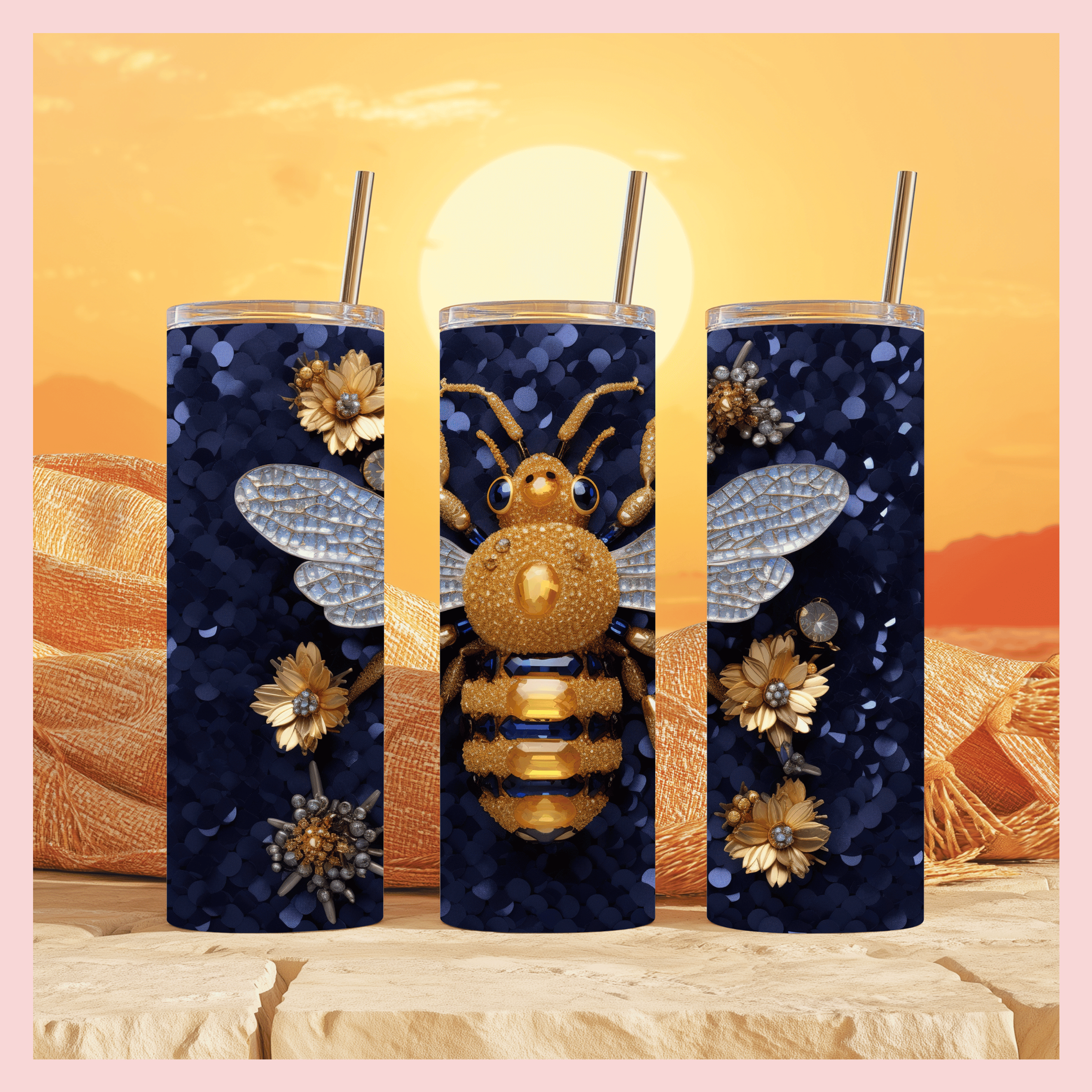 Bee design 20oz tumbler personalised with a golden bee
