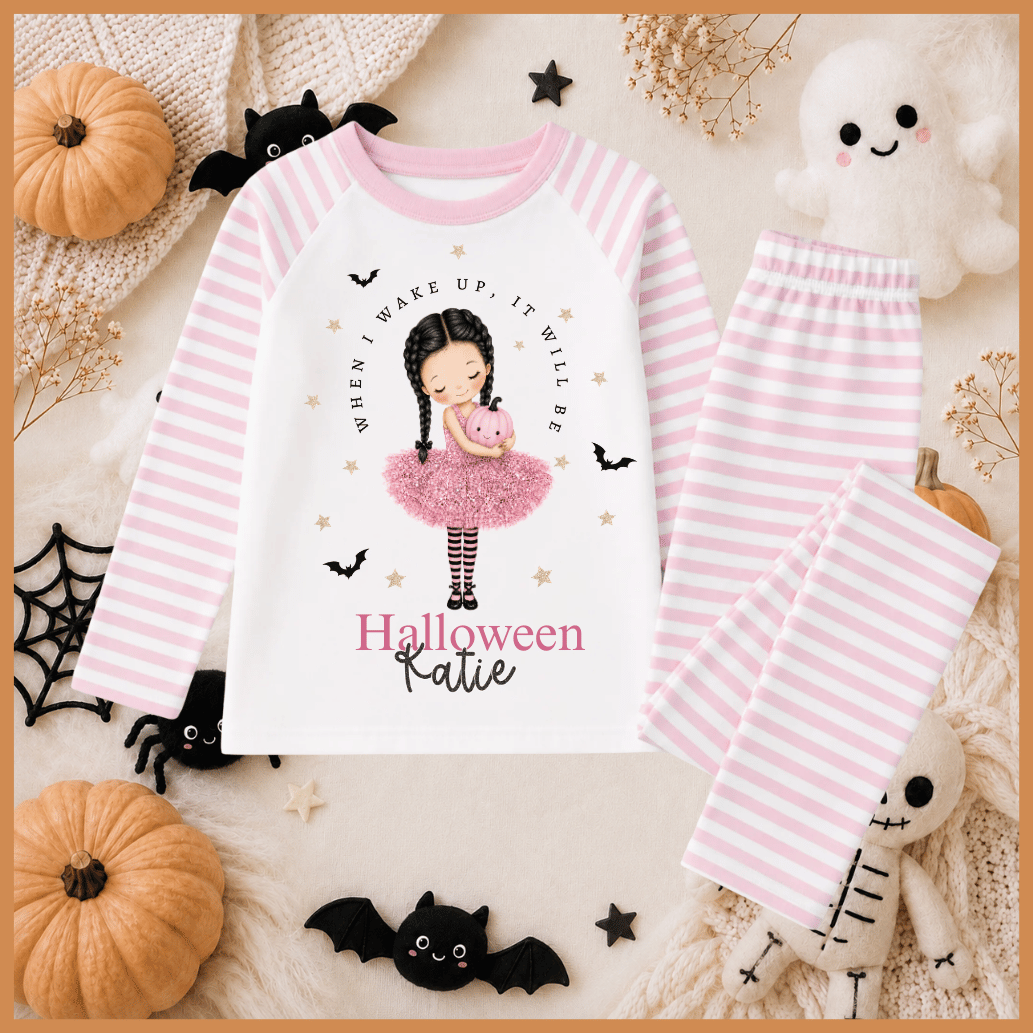 Personalised Children's Halloween Pyjamas pink pumpkin design