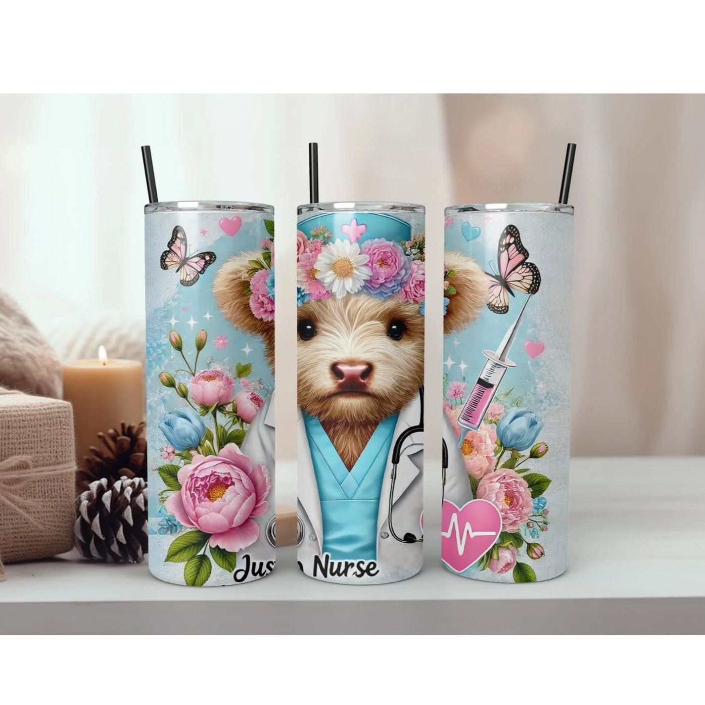 20oz nurse tumbler 8 designs with lid and straw. Name added.