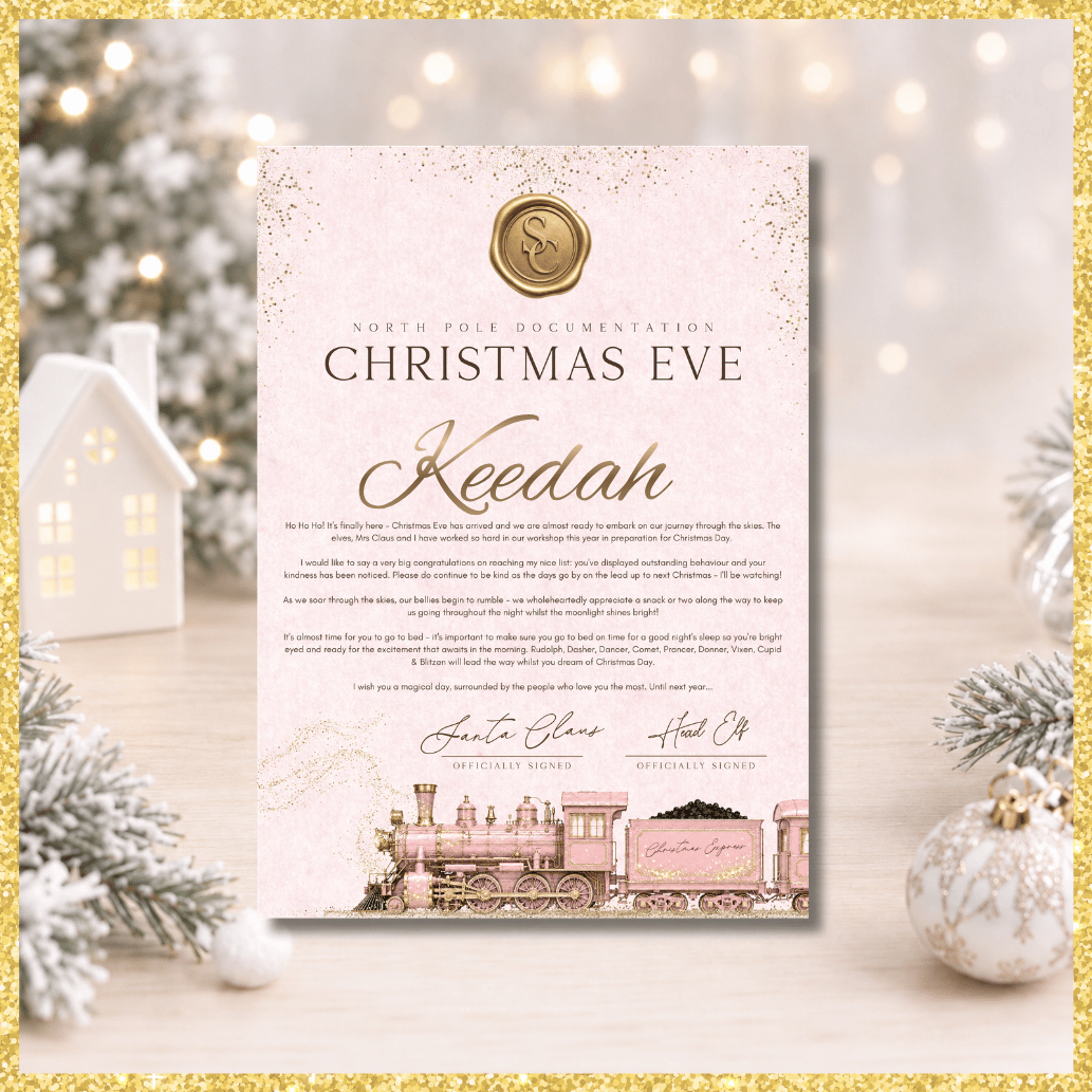 Personalised cushion and story set Christmas eve express train pink