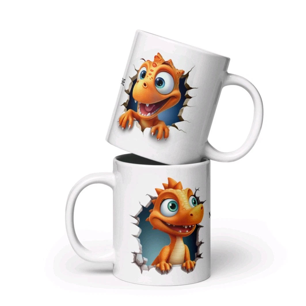 Personalised colourful dino mug double sided image name added