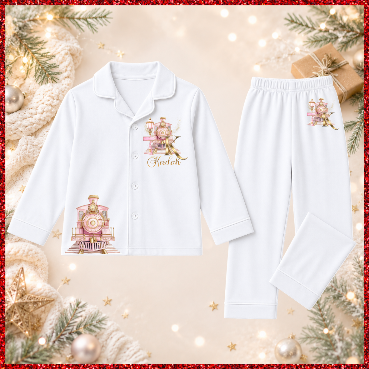 Personalised Initial Christmas Express Train Pyjamas – Pink