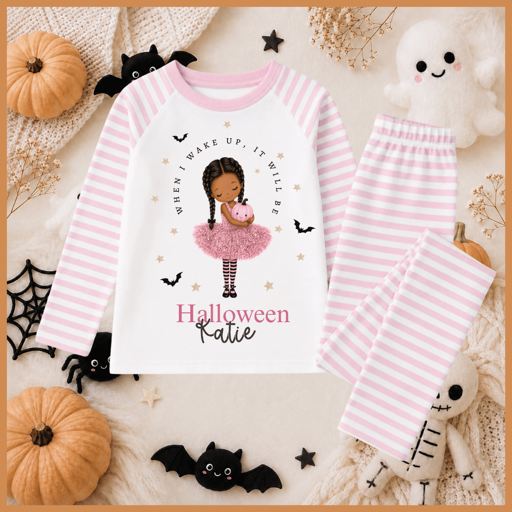 Personalised Children's Halloween Pyjamas pink pumpkin design