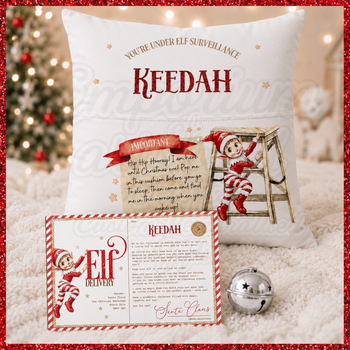 Personalised elf cushion set, story postcards and certificate inc.
