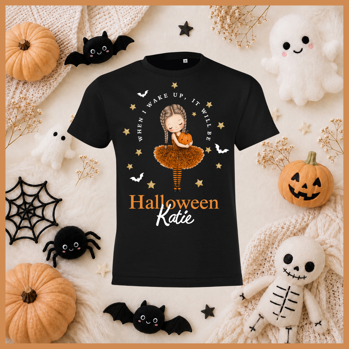 Personalised Children's When I Wake Up I Will Be Halloween T-Shirt pumpkin