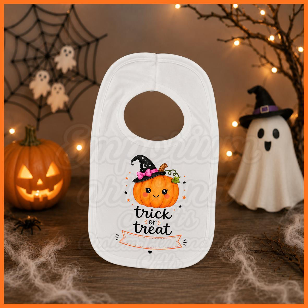 Personalised trick or treat Halloween Baby Bib available in blue or pink