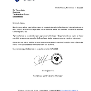 Carta Instituto Británico sobre la excelente jornada de Certificación Internacional