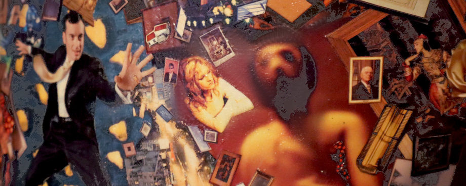 Surreal collage showing multiple human figures, portraits, books, and scattered objects layered over a blue and orange background, with a large glowing figure on the right side.