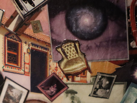 Surreal collage featuring a large purple eye, a yellow armchair, framed pictures, a house, and various cut‑out images arranged in a dreamlike composition.