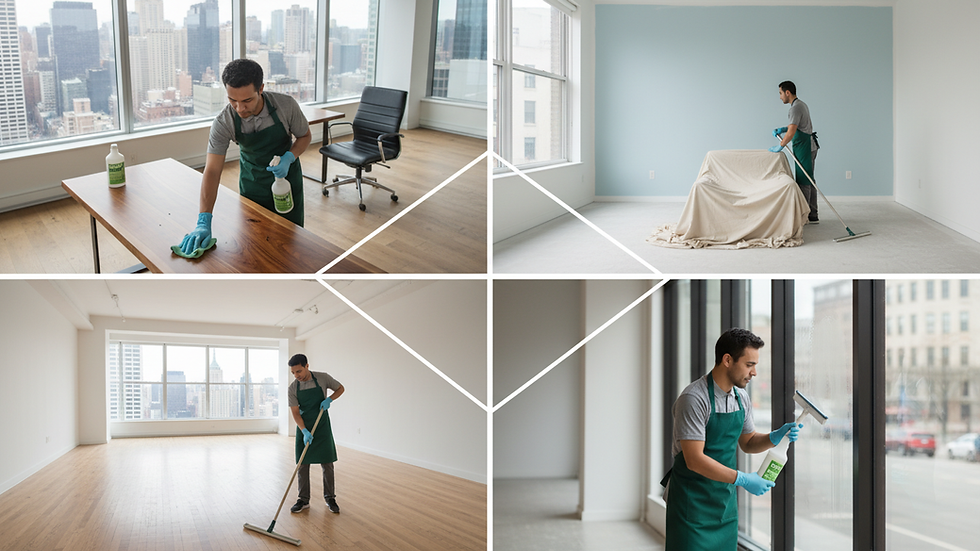 High angle view of a professional cleaner using eco-friendly products in an NYC office