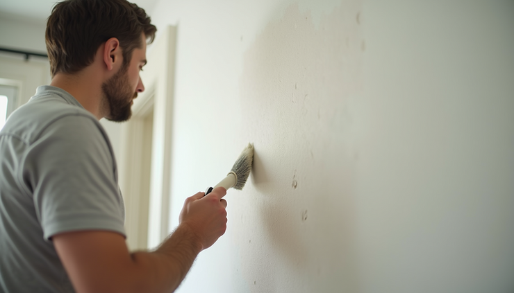 Close-up view of a landlord patching holes on a rental apartment wall before painting
