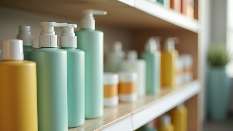 Close-up of eco-friendly cleaning products on a shelf