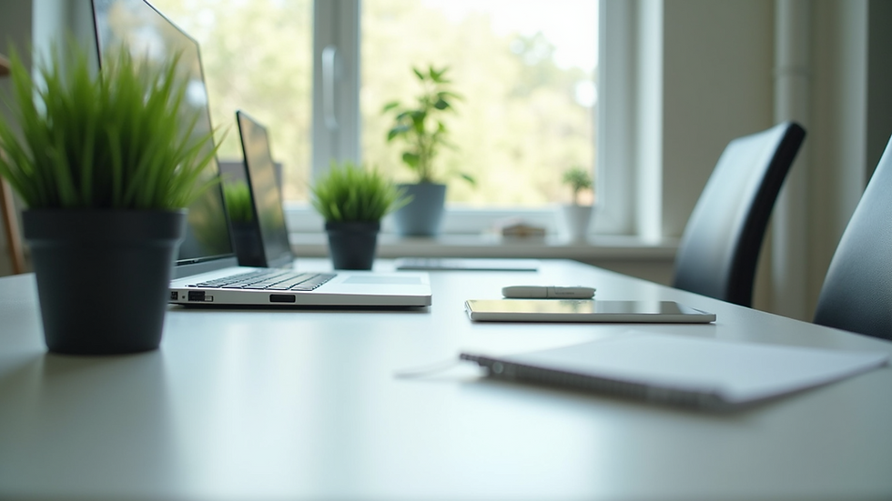 Eye-level view of a clean office desk with green plants