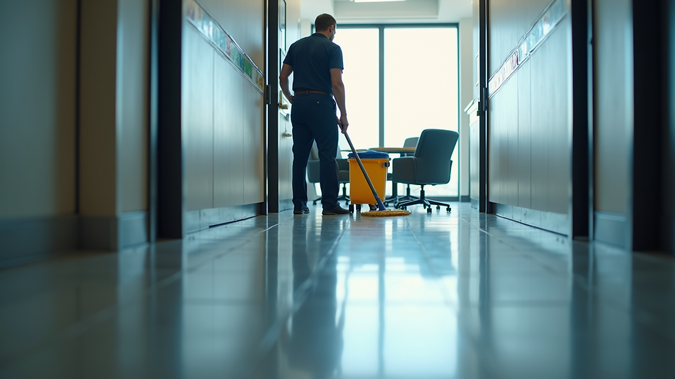 Eye-level view of a janitor cleaning a commercial office floor