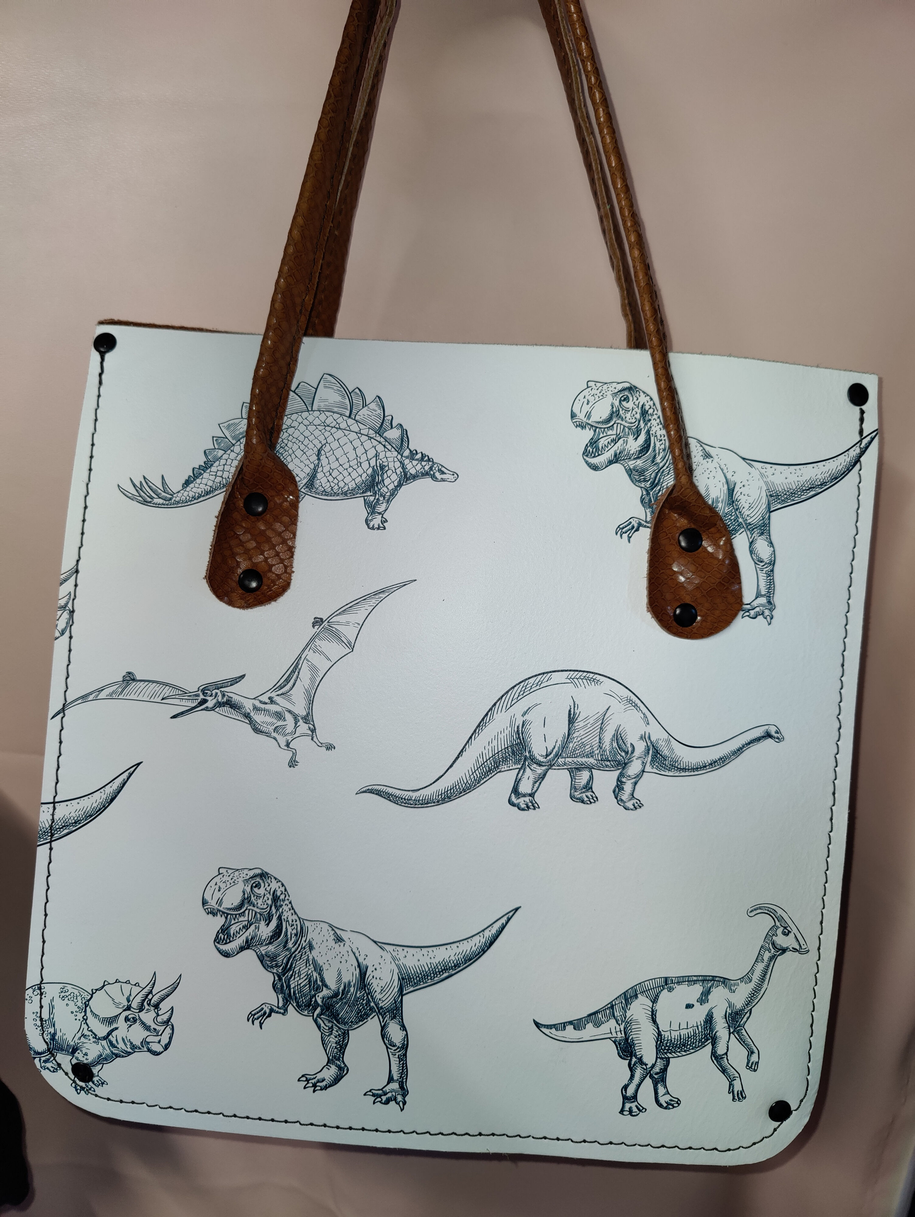 Dinosaur Leather Gusset Handbag - White  and Brown with sketch print