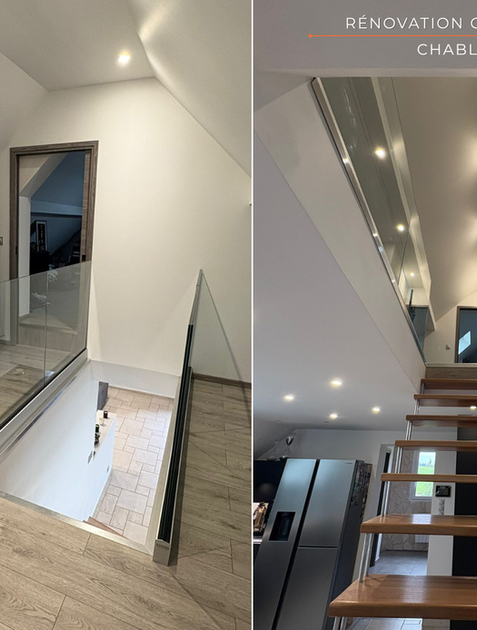 Escalier bois sur mesure avec garde-corps en verre et éclairage LED encastré, rénovation complète Chablais – Le Petit Bâtisseur, artisan aménagement intérieur Chablais, bassin lémanique et vallée d'Abondance