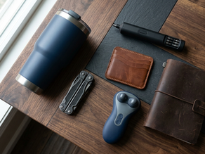 Insulated tumbler, multitool, electric screwdriver, leather wallet and neck massager on dark wood