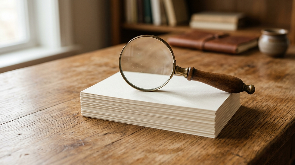 Magnifying glass resting on a stack of review cards on a wood desk