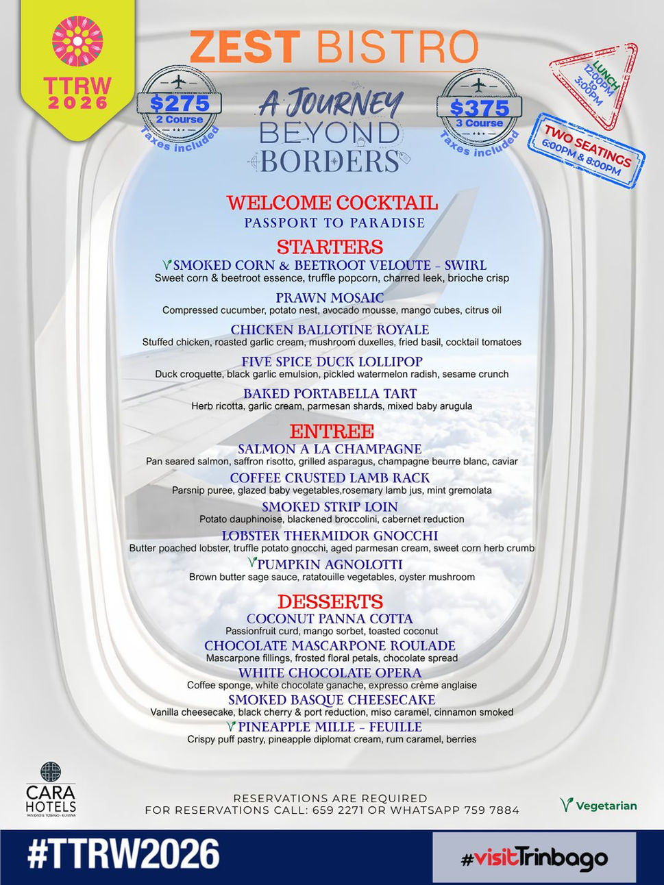 Promotional graphic for Zest Bistro's Trinidad and Tobago Restaurant Week 2026 menu, featuring a $275 lunch and $375 dinner at Cara Hotels.